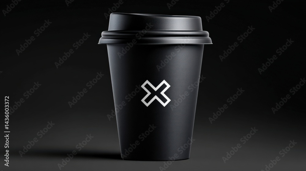 Black Coffee Cup with Minimalist Design on Dark Background
