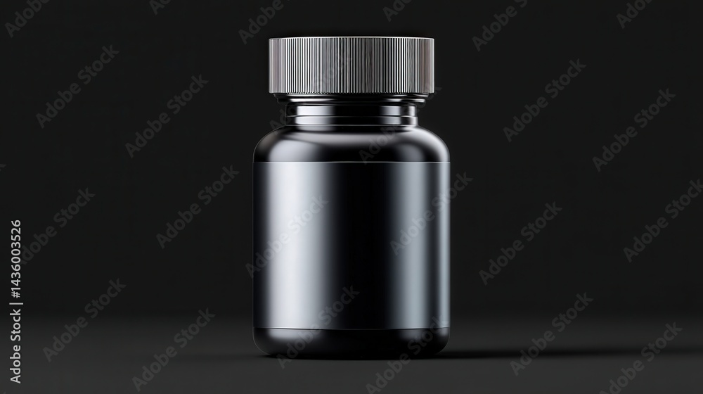 Black cylindrical container with lid for supplements or cosmetics