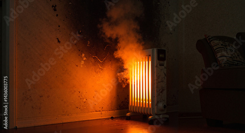 Electric heater emitting smoke in a dimly lit living room  