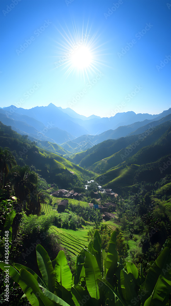 Sunlit Mountain Village Lush Green Rice Terraces Asian Landscape