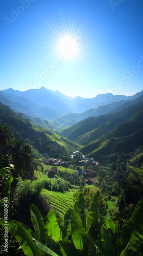 Sunlit Mountain Village Lush Green Rice Terraces Asian Landscape