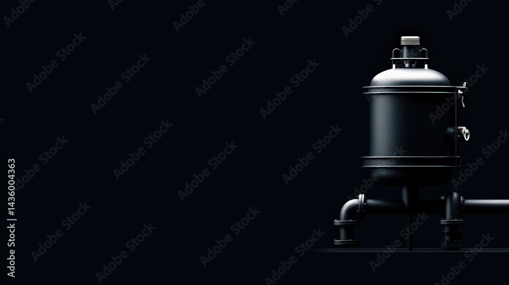 Black Industrial Filter with Valve on Dark Background, Modern Design