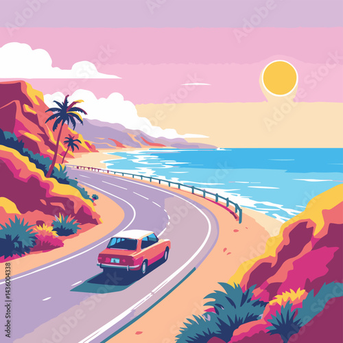 car travelling towards a road with sun setting, marks the start of a holiday or vacation