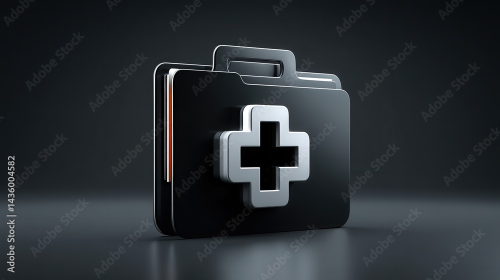 Black medical folder with silver cross symbol on dark background