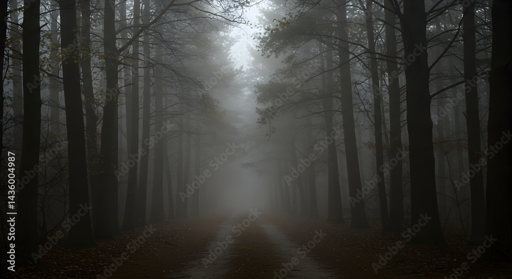 Naklejka premium Misty Forest Path With Tall Trees On A Cloudy Day