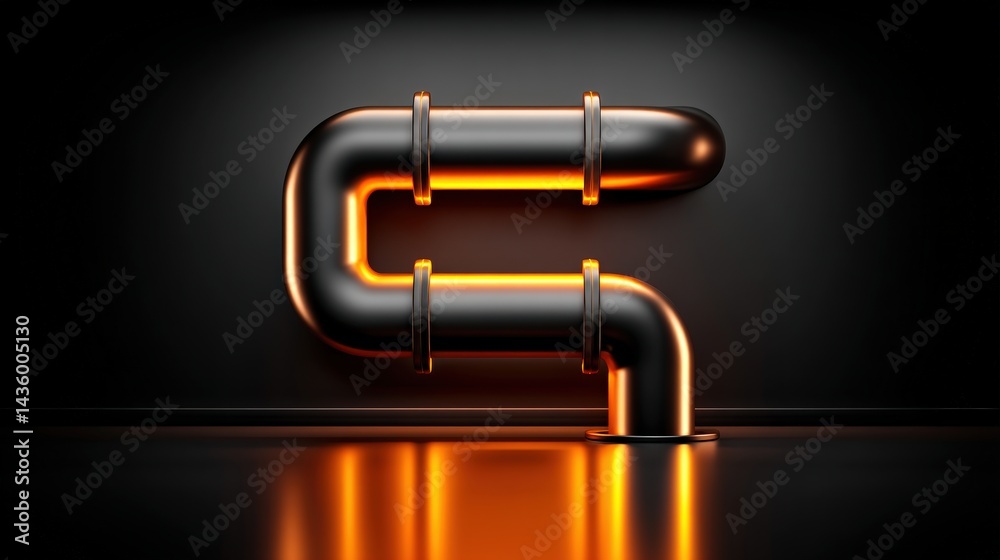 Black Pipe with Orange Glow in Industrial Style on Dark Background