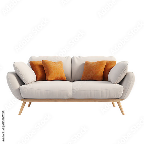 a modern. stylish two-seater sofa featuring a light fabric with four orange accent pillows. complemented by wooden legs. designed for comfort and aesthetic appeal in contemporary living spaces