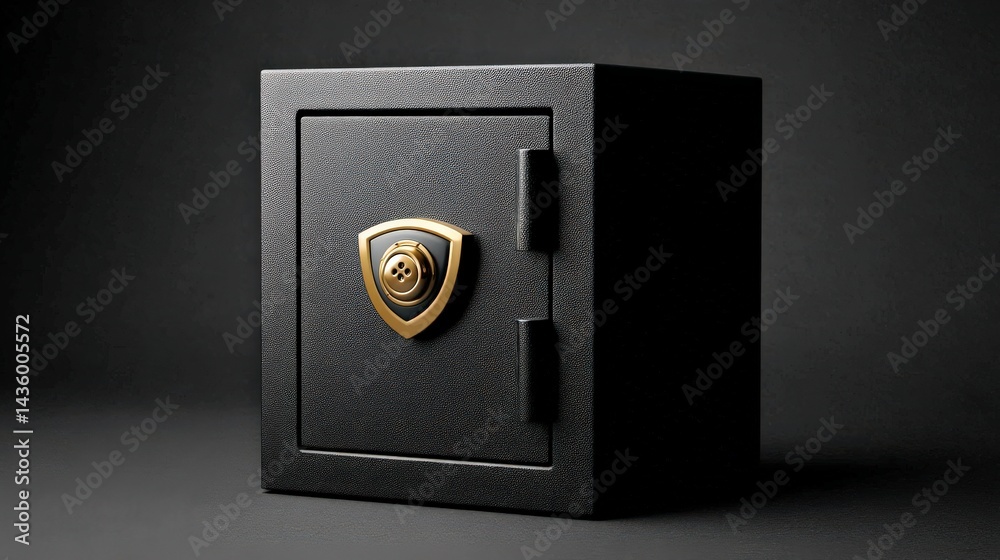 Black Safe with Gold Shield Lock on Dark Background for Security