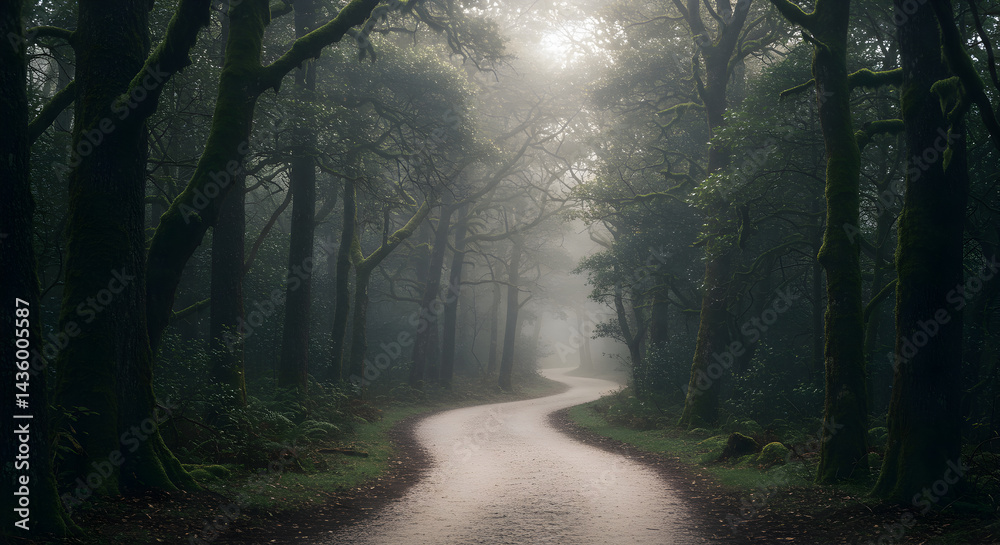 Fototapeta premium Misty Forest Road Leads Through Ancient Woodland During a Foggy Morning