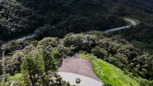 Winding road through lush mountain forests. Breathtaking aerial views of nature's embrace. Scenic drive captured by drone.