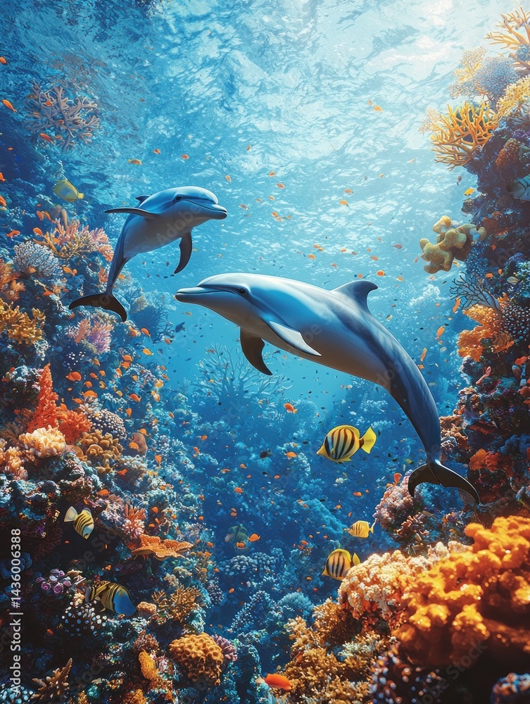 Fototapeta premium Dolphins Swimming in Colorful Coral Reef Underwater Paradise Scene
