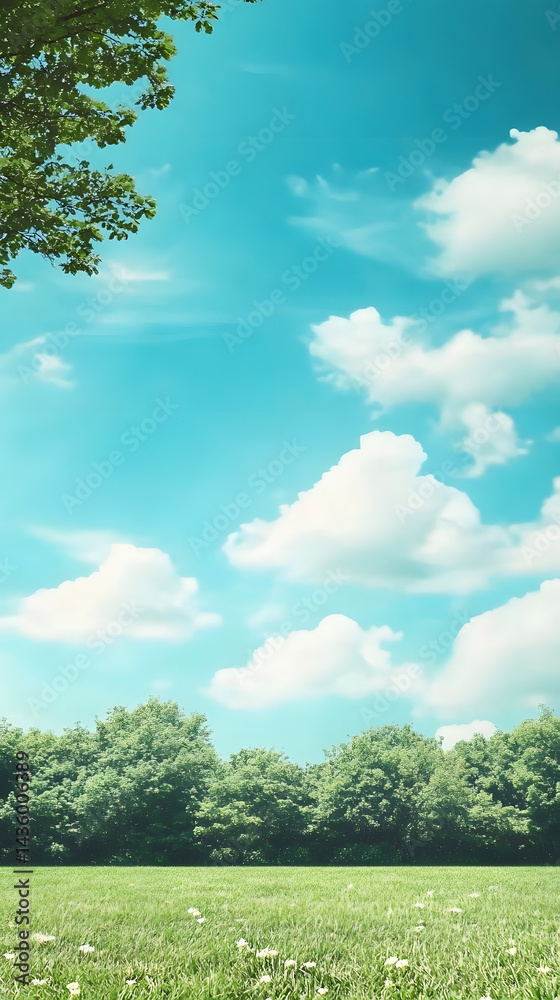 Serene Summer Meadow Landscape Green Trees Blue Sky White Clouds Peaceful Nature Background