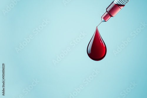 Syringe with Blood Drop on Blue Background