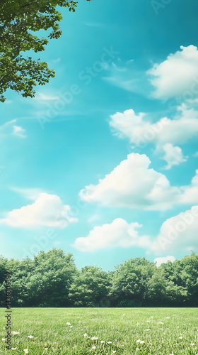Obraz na płótnie Serene Summer Meadow Landscape Green Trees Blue Sky White Clouds Peaceful Nature Background w salonie