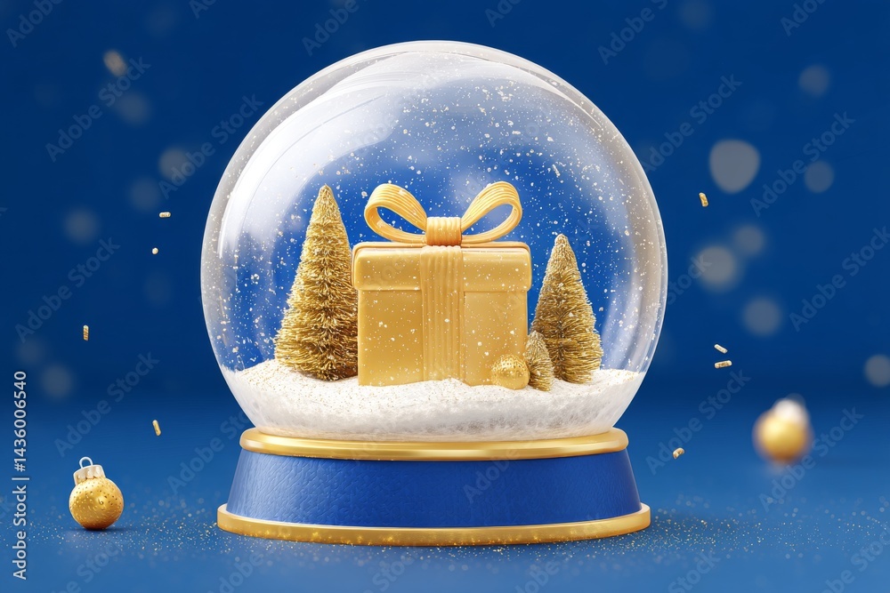 Golden Gift in Snow Globe with Snowflakes and Christmas Trees
