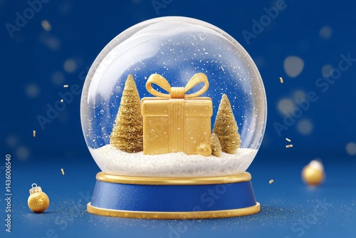 Obraz na płótnie Golden Gift in Snow Globe with Snowflakes and Christmas Trees w salonie