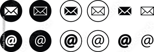 Mail envelope and at icon set in linear style isolated on transparent background. @ Email closed inbox vector collection editable stroke. sign of an incoming unopened send message for app and web.