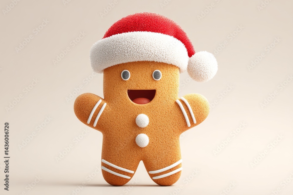 Cheerful Gingerbread Man with Santa Hat on a Light Background