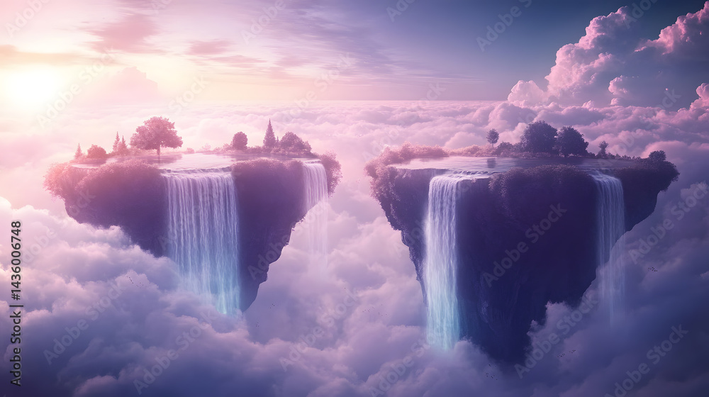 Dreamlike Floating Islands Waterfall Sunset Fantasy Landscape