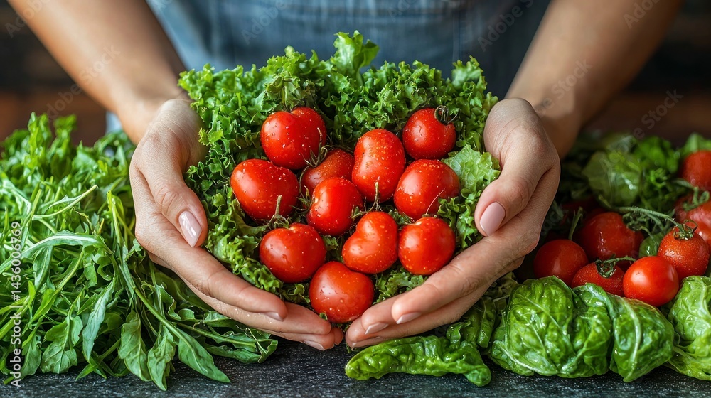 Fototapeta premium Holding fresh greens, tomatoes, vibrant and healthy
