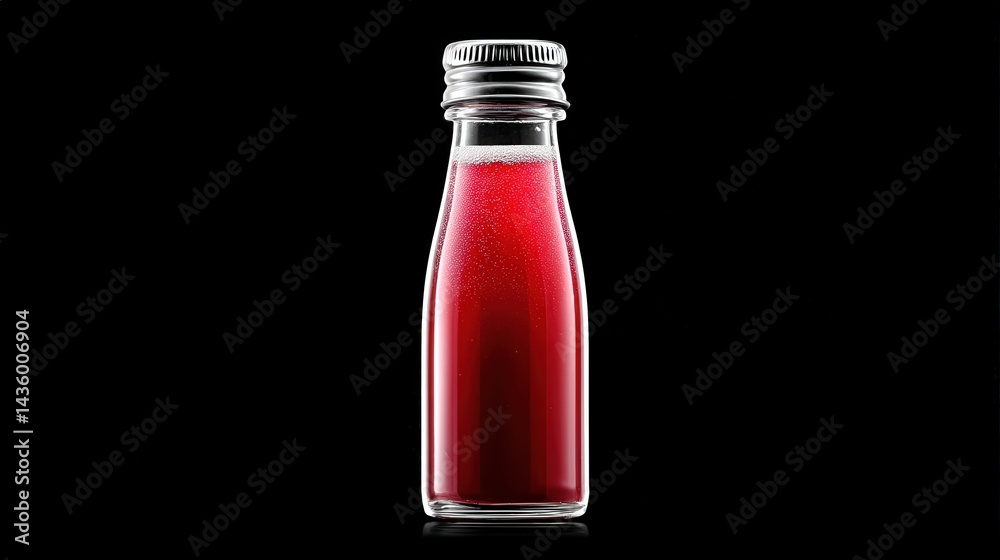 Bottle of Red Beverage on Black Background with Reflection and Shadow