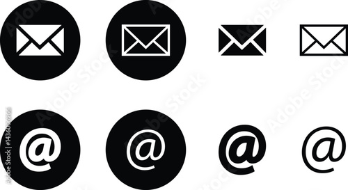 Mail envelope and at icon set in linear style isolated on transparent background. @ Email closed inbox vector collection editable stroke. sign of an incoming unopened send message for app and web.