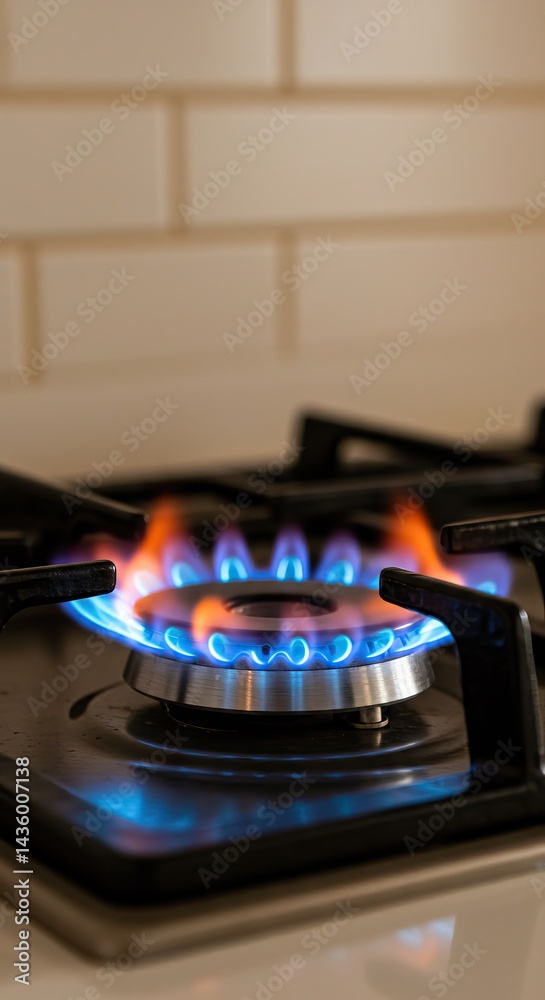 Blue flame gas stove burner in modern kitchen for cooking safety concept Blue flame gas stove burner in modern kitchen for cooking safety concept