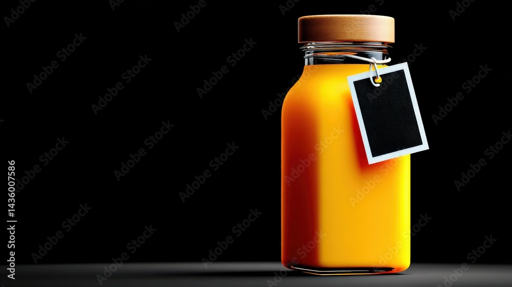 Bright Orange Juice in Glass Bottle with Wooden Lid on Dark Background