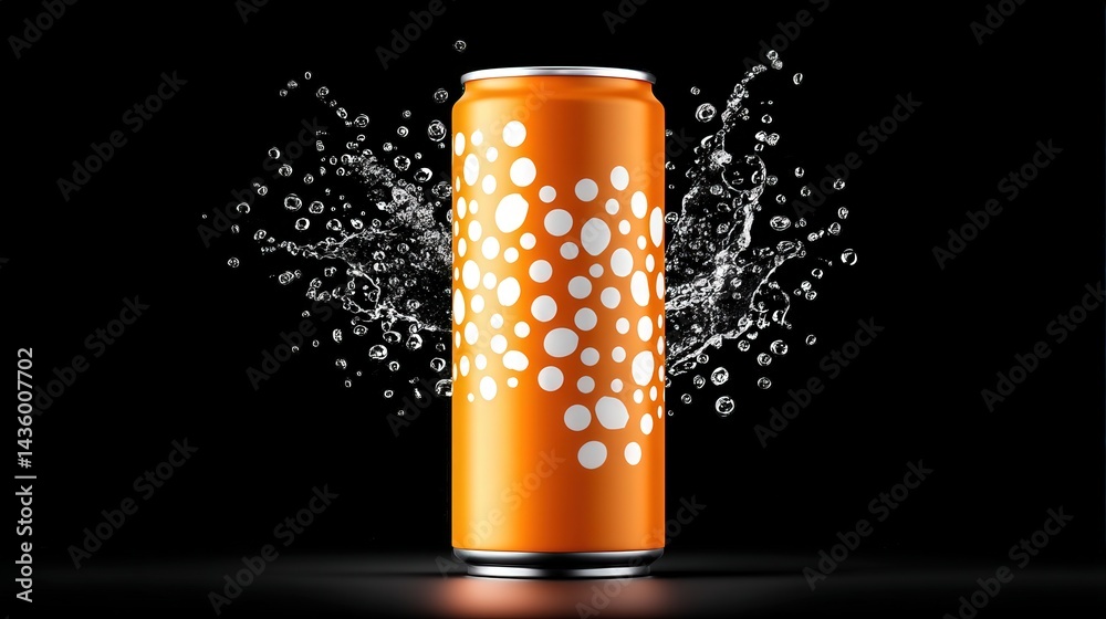 Bright Orange Soda Can with Water Splash Against Black Background