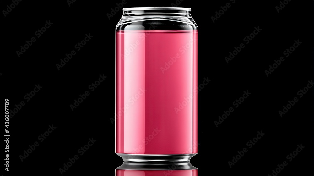 Bright Pink Soda Can on Black Background with Reflection