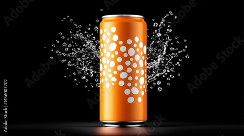 Obraz na płótnie Bright Orange Soda Can with Water Splash Against Black Background w salonie