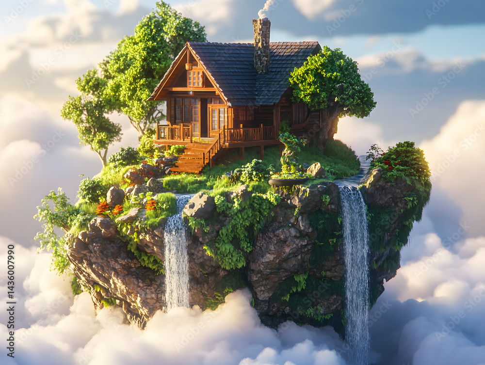 Serene Wooden Cabin Waterfall Cloud Island Fantasy Landscape