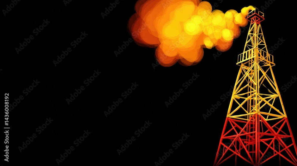 Brightly Colored Oil Rig with Flames Against Black Background