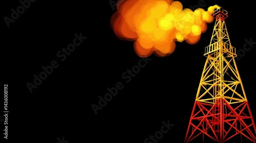 Obraz na płótnie Brightly Colored Oil Rig with Flames Against Black Background w salonie