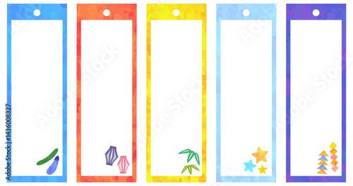 イラスト付きの五色の短冊 七夕素材 ベクター