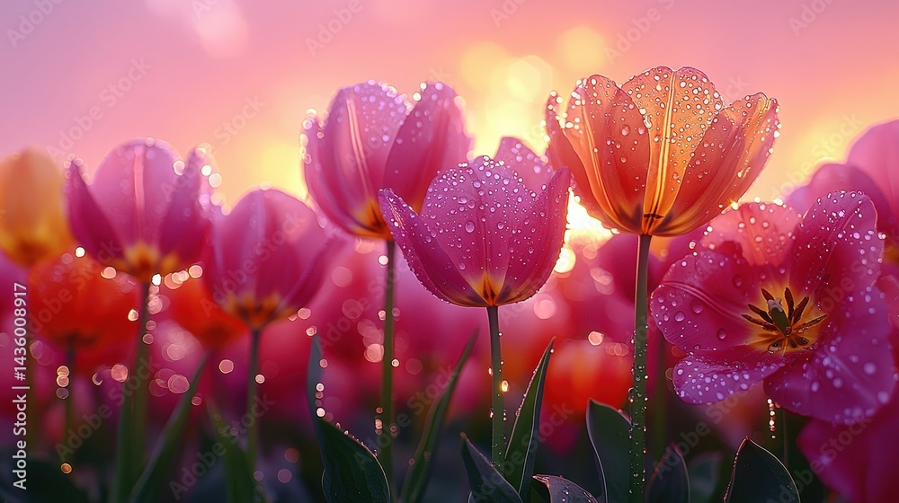 Naklejka premium Dewkissed tulips at sunrise: vibrant spring blooms in a dreamy dawn light