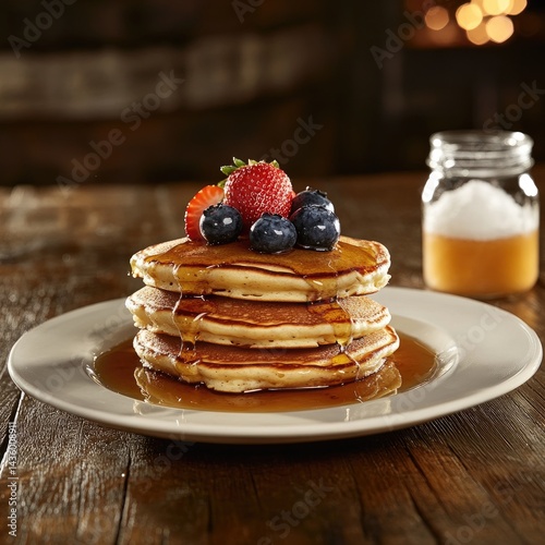Stack of pancakes topped with berries and syrup