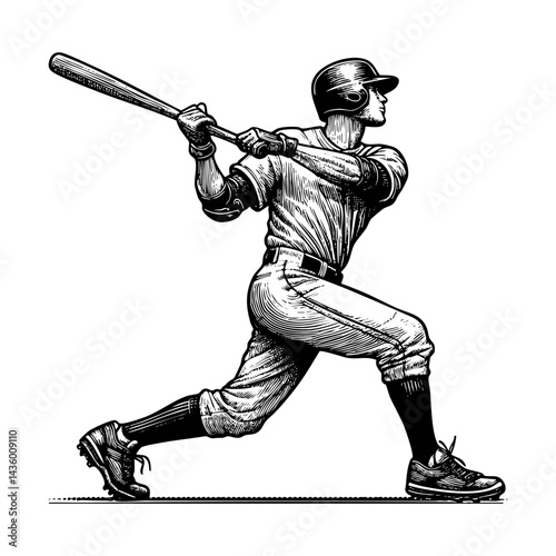 Baseball player engraving black and white outline. Scratch board imitation.  illustrated in vintage line art style on a white background.