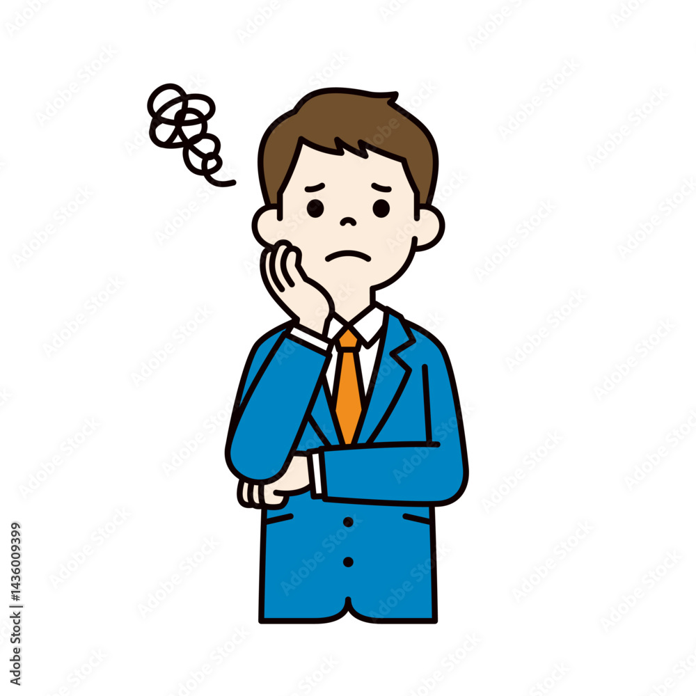 顔に手を当てて悩む、スーツを着た若い男性のベクターイラスト素材_線幅の編集可能_カラー 顔に手を当てて悩む、スーツを着た若い男性のベクターイラスト素材_線幅の編集可能_カラー