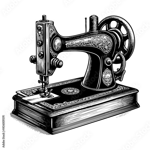 Sewing machine sketch engraving black and white outline. Scratch board imitation.  illustrated in vintage line art style on a white background.