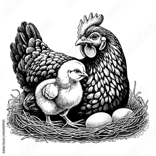 Chicken hen sketch engraving black and white outline. Scratch board imitation.  illustrated in vintage line art style on a white background.