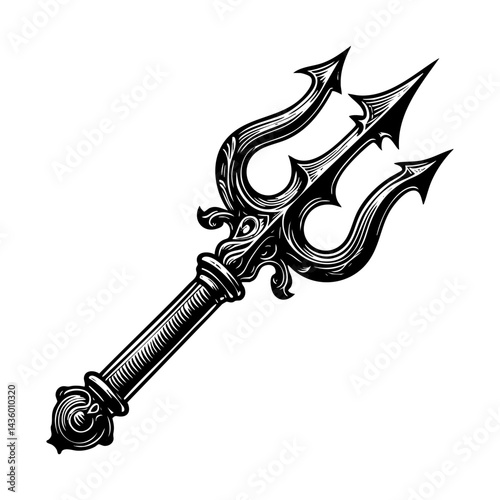 Trident sketch engraving black and white outline. Scratch board imitation.  illustrated in vintage line art style on a white background.