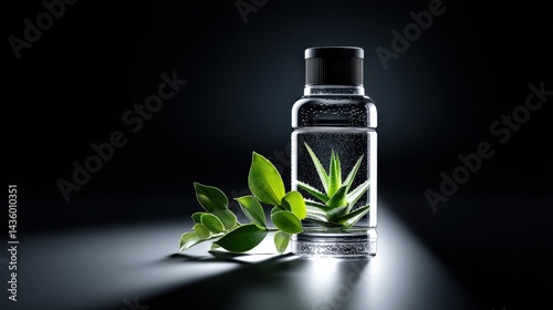 Clear Glass Bottle with Green Leaves and Water in Dark Background