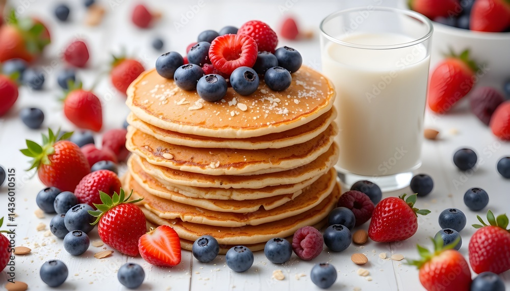 On a spotless white background, a colorful and welcoming arrangement of vegan pancakes that have just been fried to a golden brown, encircled by a variety of luscious mixed berries, such as ripe straw On a spotless white background, a colorful and welcoming arrangement of vegan pancakes that have just been fried to a golden brown, encircled by a variety of luscious mixed berries, such as ripe straw