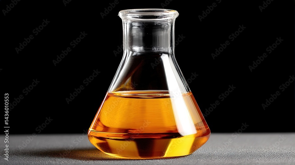 Clear Glass Flask with Amber Liquid on Black Background