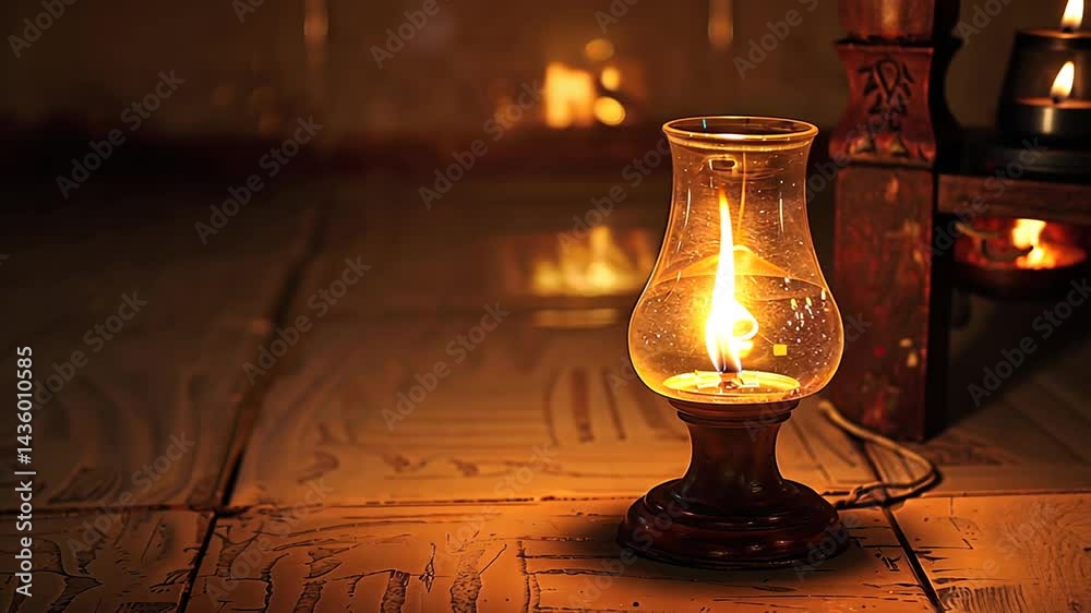 Glowing Vintage Oil Lamp Illuminates a Warm and Cozy Interior Space Ambience