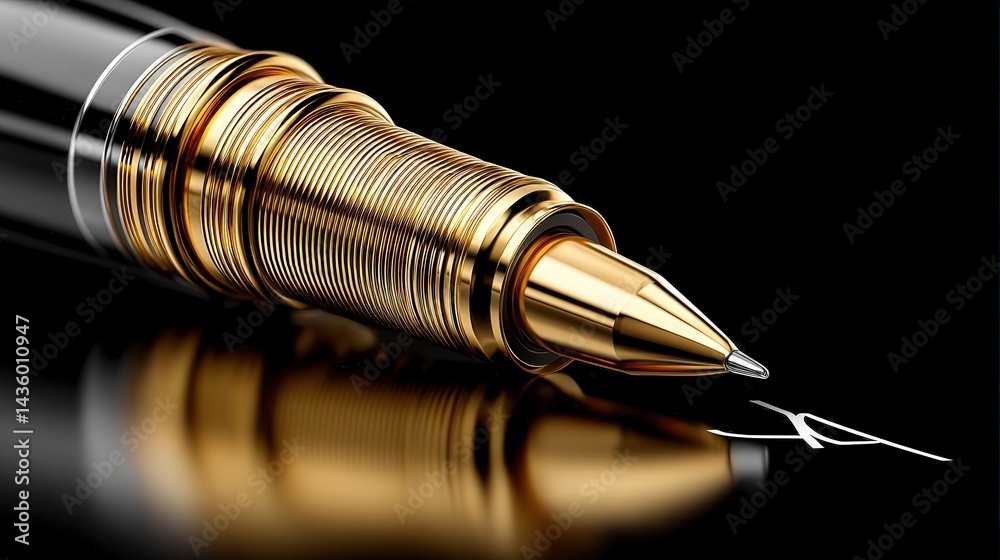 Close-Up of a Luxurious Golden Pen with Elegant Design and Reflection
