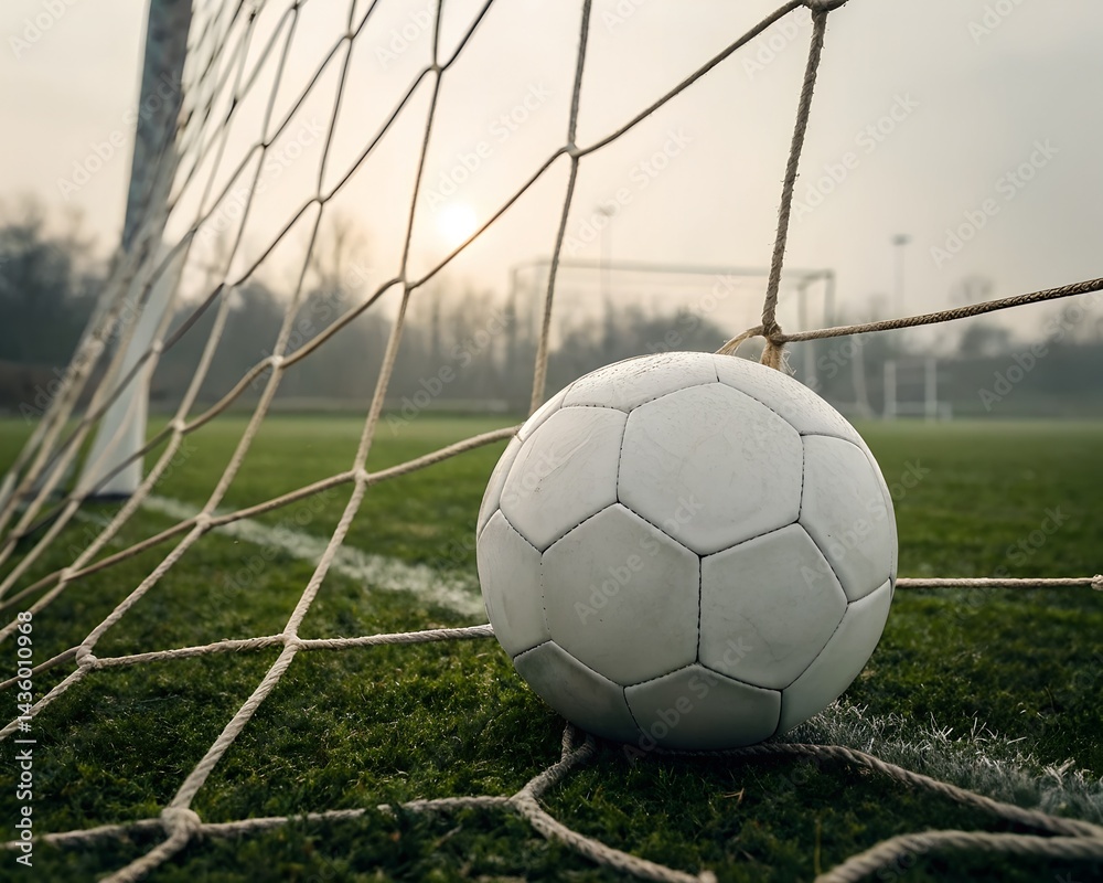 Naklejka premium Soccer Ball in Net on Field After Game or Practice