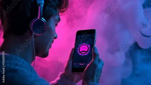Man with headphones looking at phone screen with abstract artwork against pink and blue smoke background. This is a video frame