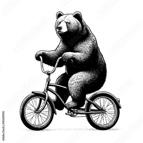Bear riding bicycle sketch engraving black and white outline. Scratch board imitation.  illustrated in vintage line art style on a white background.